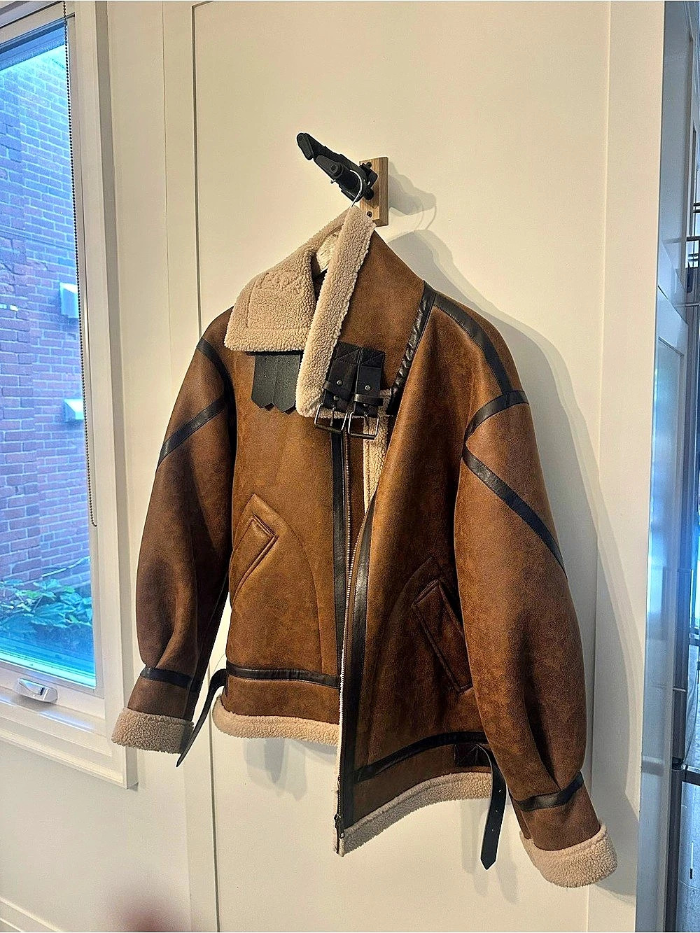 Faux Shearling Aviator Jacket Brown Shearling-Style Leather Jacket Like New